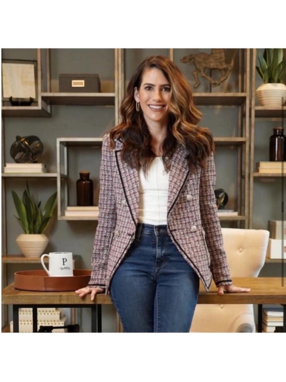 VERONICA BEARD | Theron Tweed Double Breasted Blazer Jacket Pink Black Trim Sz 6 - Picture 4 of 12